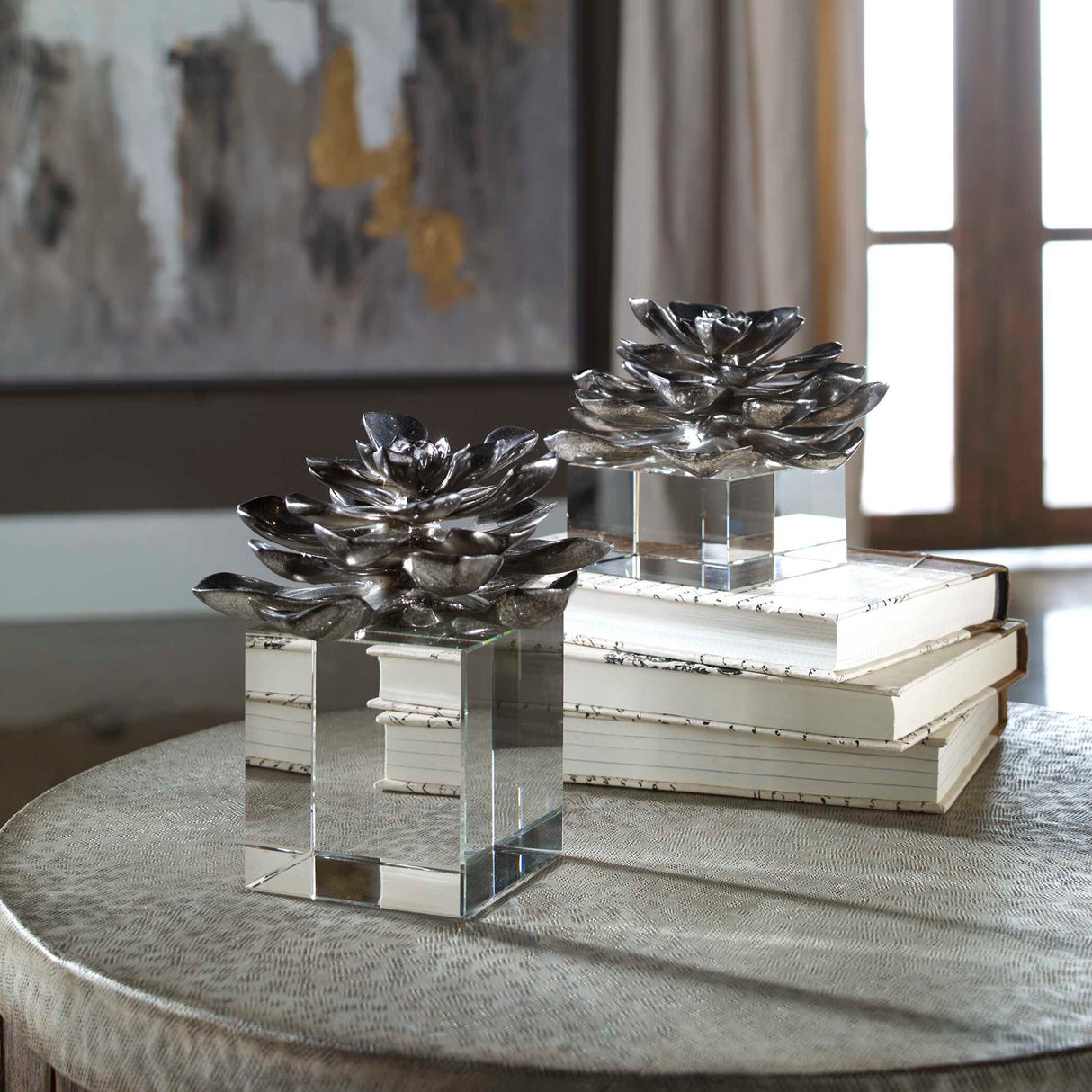 Indian Lotus - Metallic Flowers, Set Of 2 - Silver