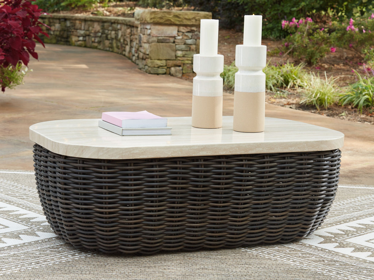 Kimora - 7 Pc. - 4-Piece Outdoor Sectional, Swivel Glider Lounge, Cocktail Table, End Table - Beige / Dark Brown