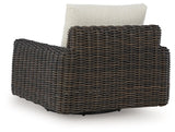 Kimora - 7 Pc. - 4-Piece Outdoor Sectional, Swivel Glider Lounge, Cocktail Table, End Table - Beige / Dark Brown