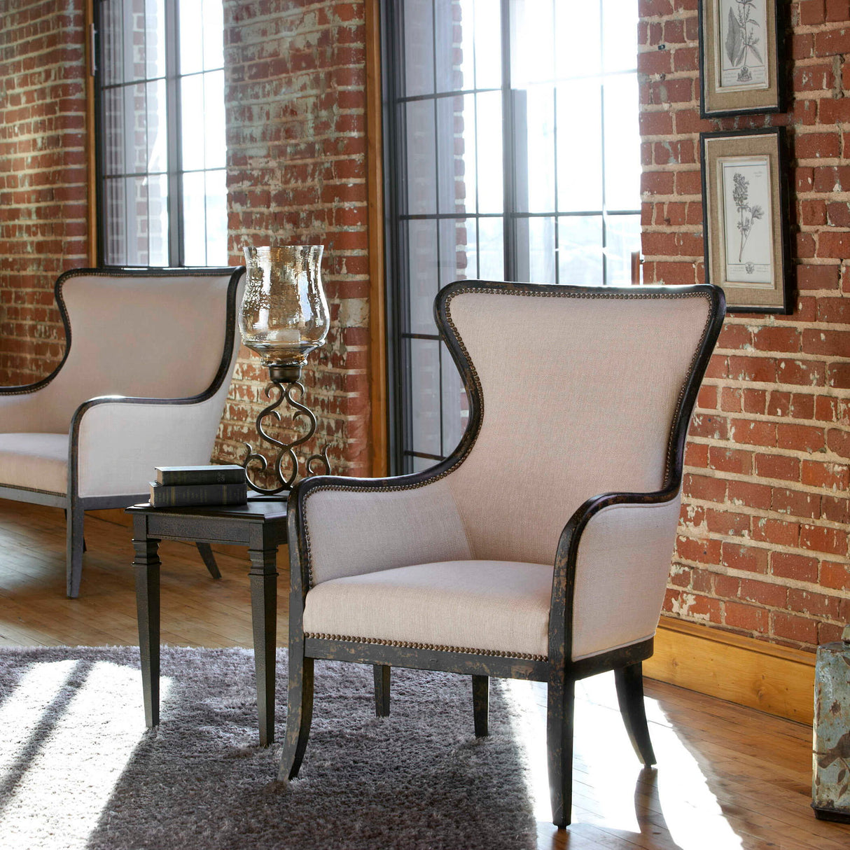 Sandy - Wing Back Armchair - Beige & Brown, Dark