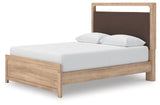 Kinlanni - 3 Pc. - Queen Upholstered Panel Bed With Roll Slats, Dresser And Mirror - Tan