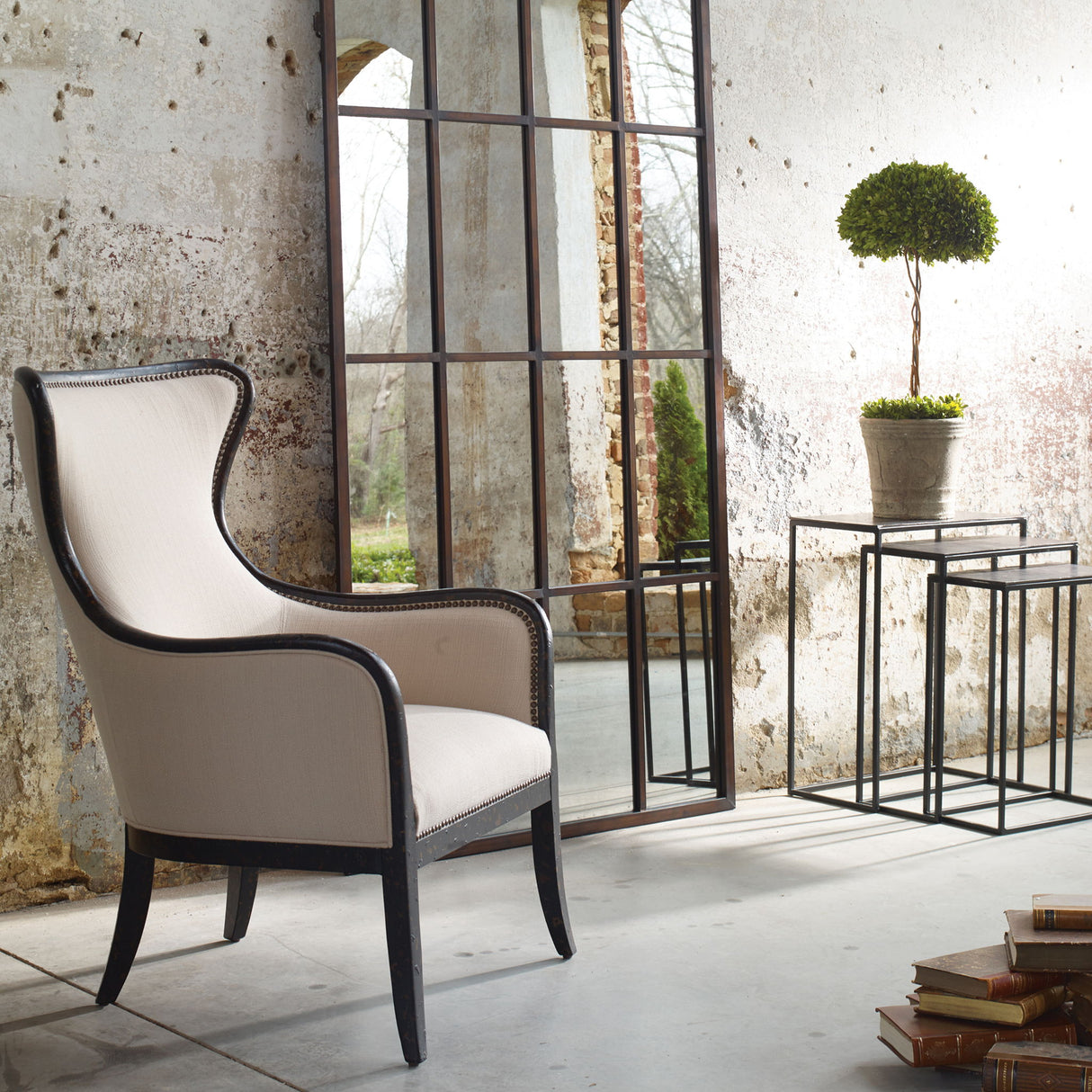 Sandy - Wing Back Armchair - Beige & Brown, Dark