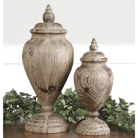 Brisco - Carved Wood Finials, Set Of 2 - Light Brown