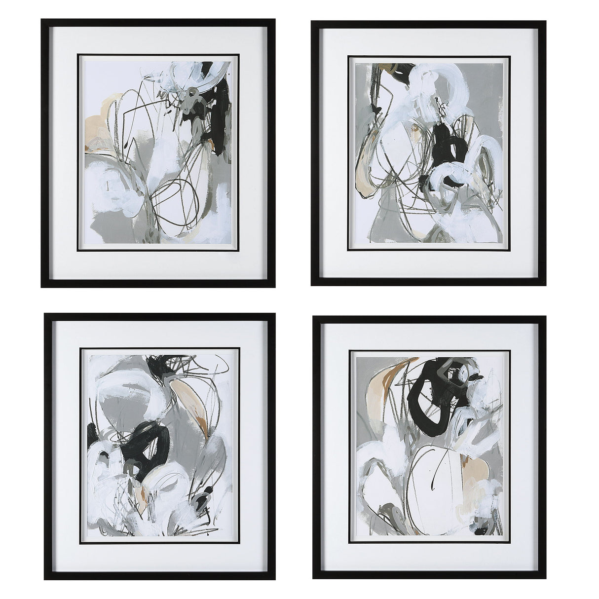 Tangled Threads - Abstract Framed Prints, Set Of 4 - Pearl Silver