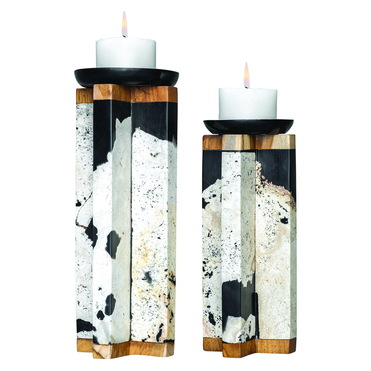 Illini - Stone Candleholders, Set Of 2 - Black & White