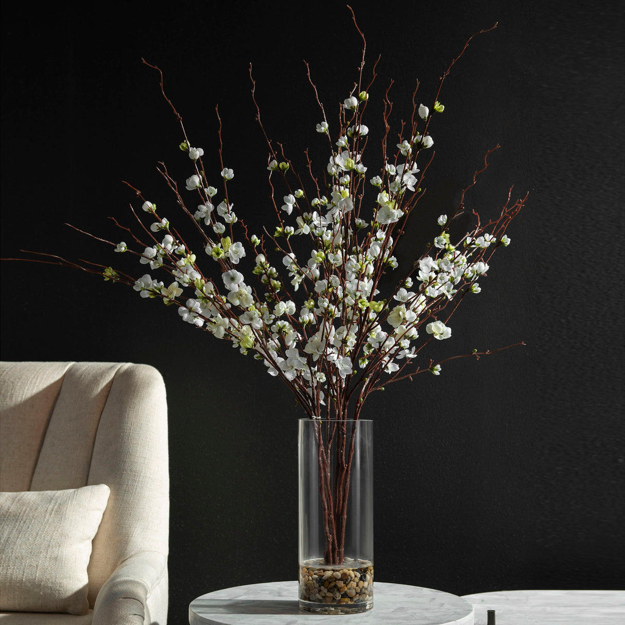 Quince Blossoms Silk Centerpiece - Plant In A Clear Glass Vase - Brown, Dark