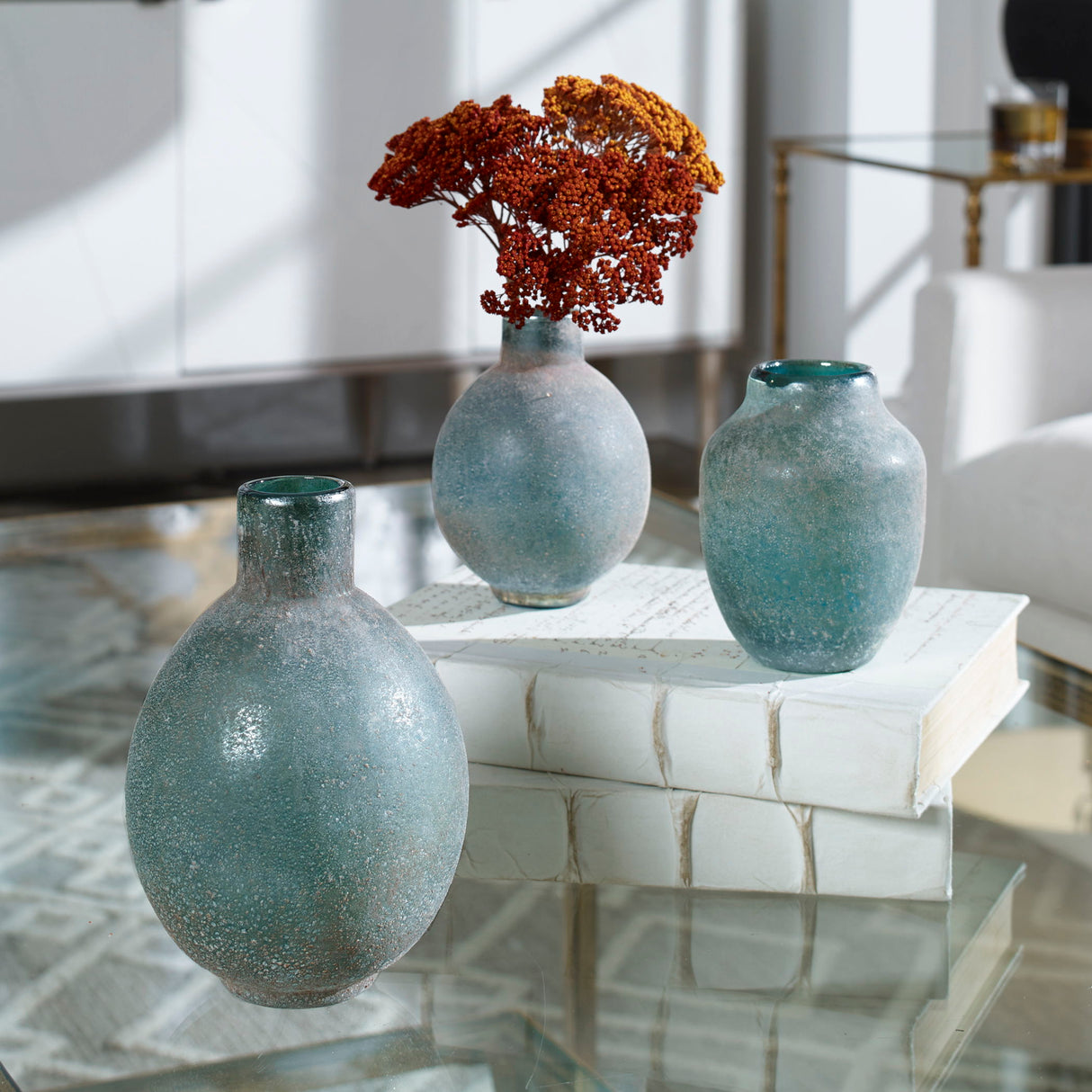 Mercede - Weathered Vases, Set Of 3 - Blue-green