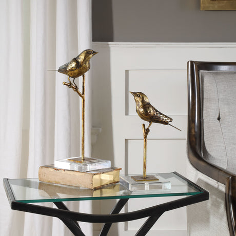 Passerines - Bird Sculptures, Set Of 2 - Light Brown