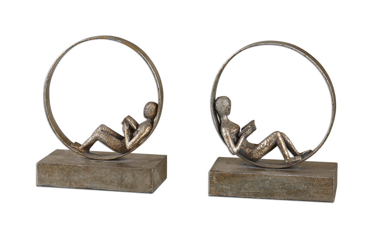 Lounging Reader - Antique Bookends Set Of 2 - Brown, Dark