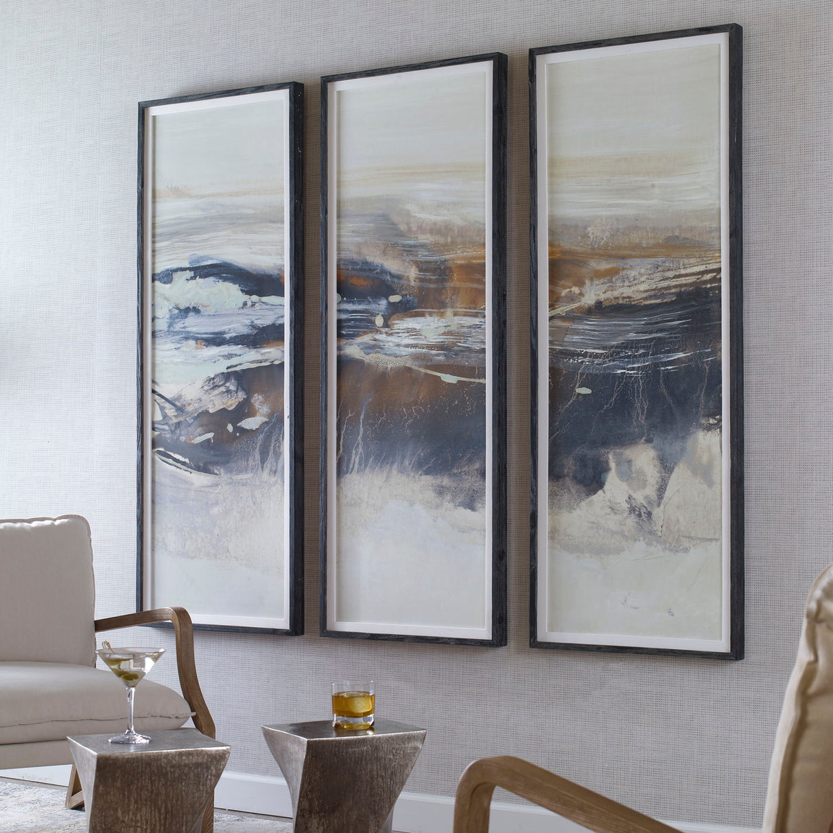 Graphite - Horizon Framed Prints, Set Of 3 - Pearl Silver