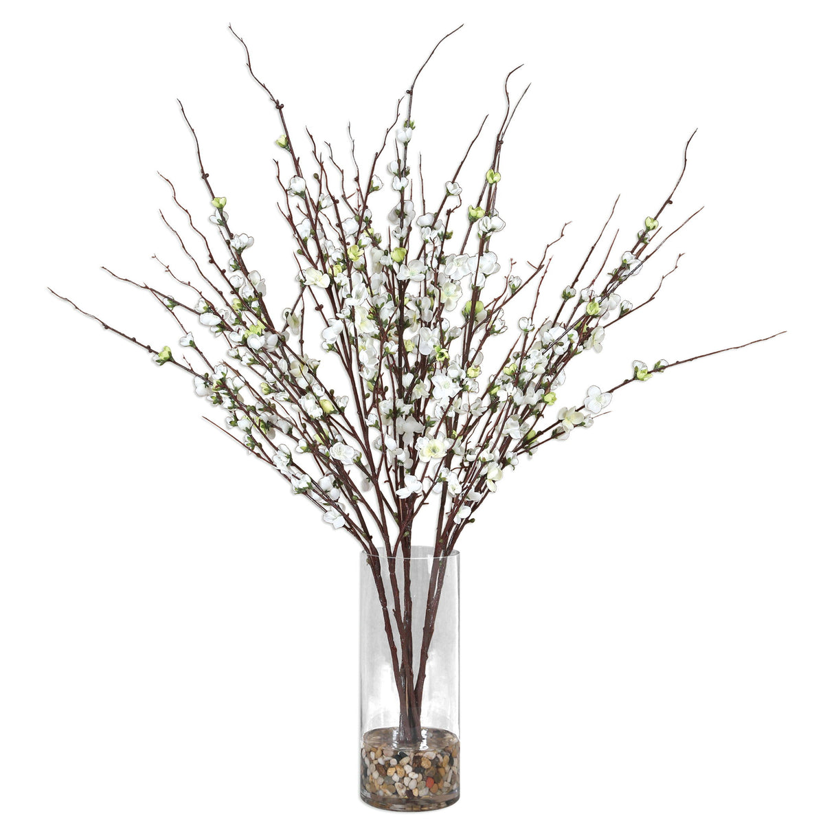 Quince Blossoms Silk Centerpiece - Plant In A Clear Glass Vase - Brown, Dark