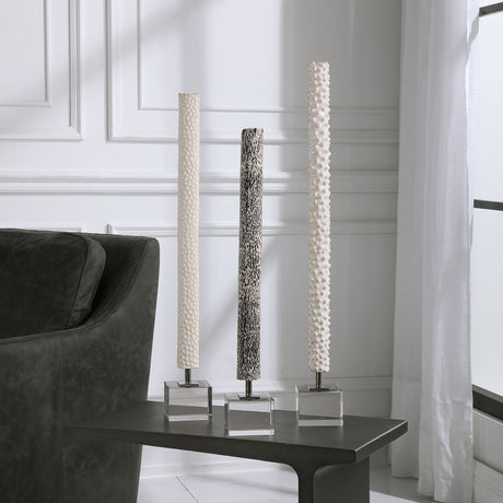 Makira - Cylindrical Sculptures, Set Of 3 - Pearl Silver