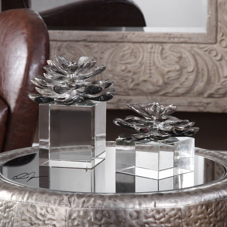 Indian Lotus - Metallic Flowers, Set Of 2 - Silver