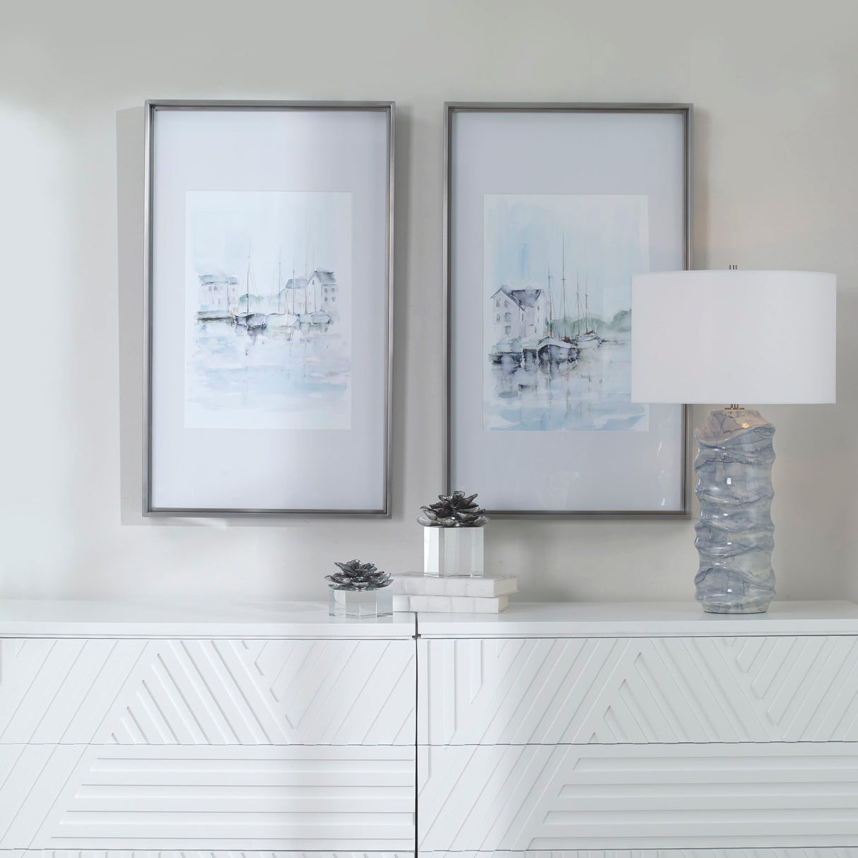 New England Port - Framed Prints, Set Of 2 - Blue