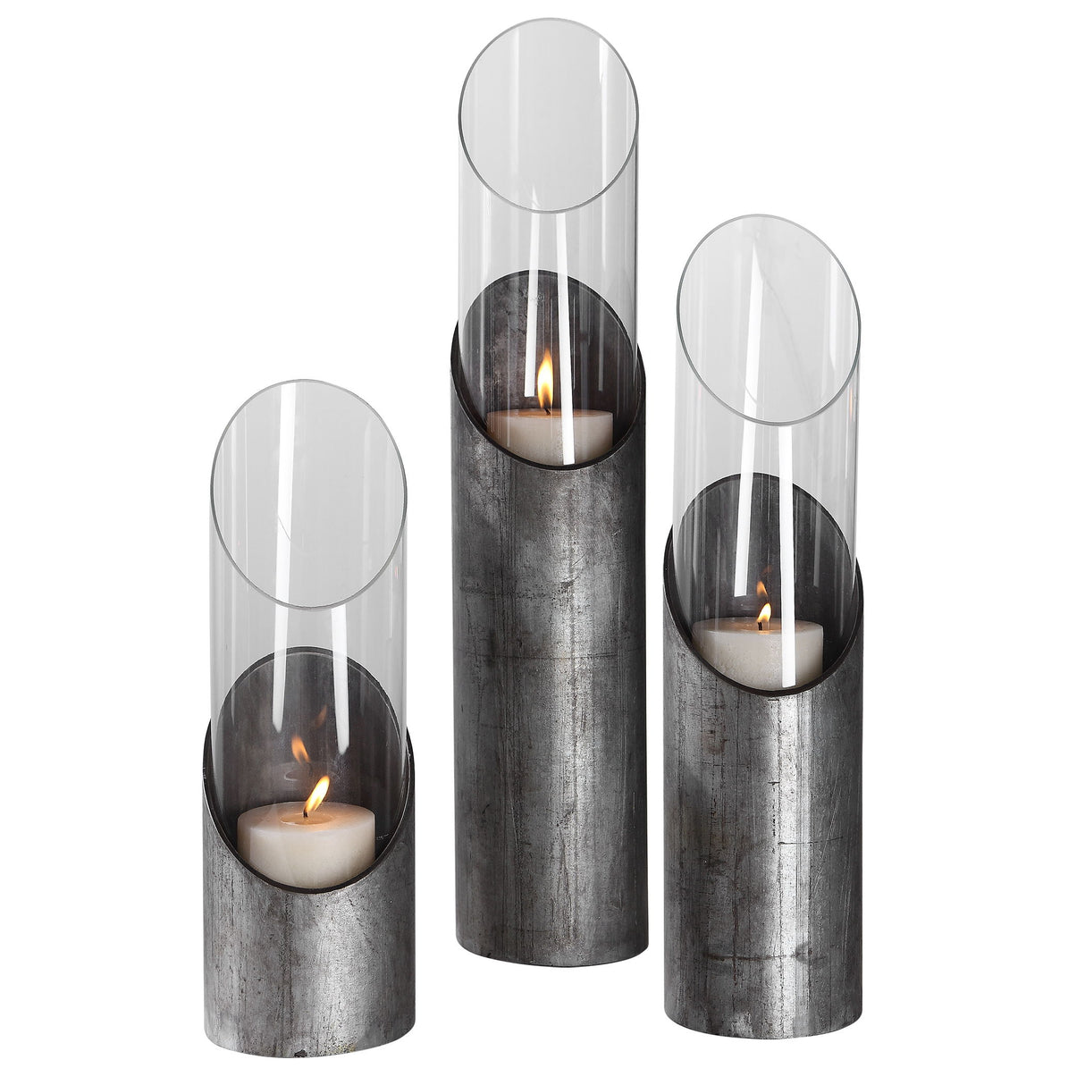 Karter - Iron & Glass Candleholders Set Of 3 - Pearl Silver & Gray, Dark