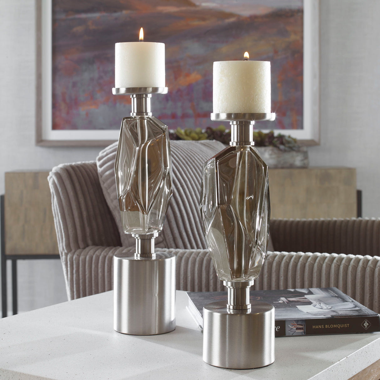 Ore - Candleholders, Set Of 2 - Brown, Dark & Pearl Silver