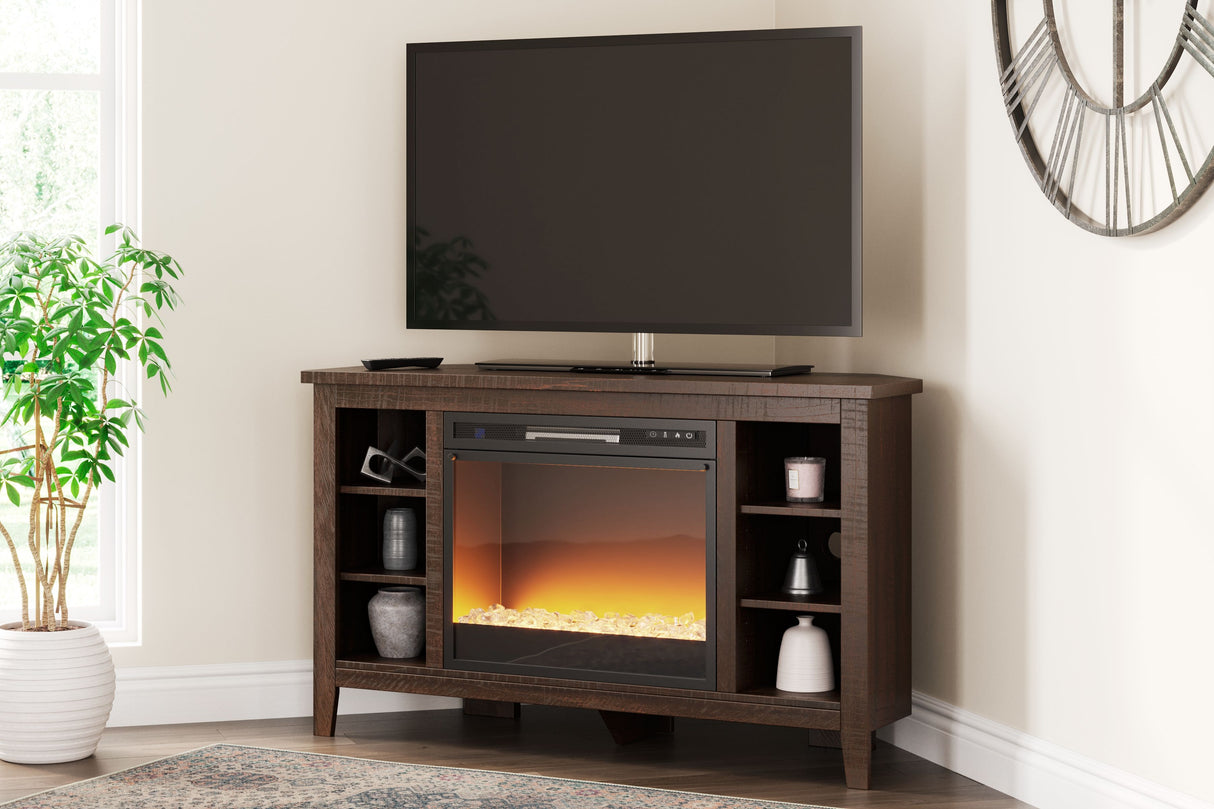 Camiburg - Warm Brown - Corner TV Stand With Fireplace Insert Glass/Stone