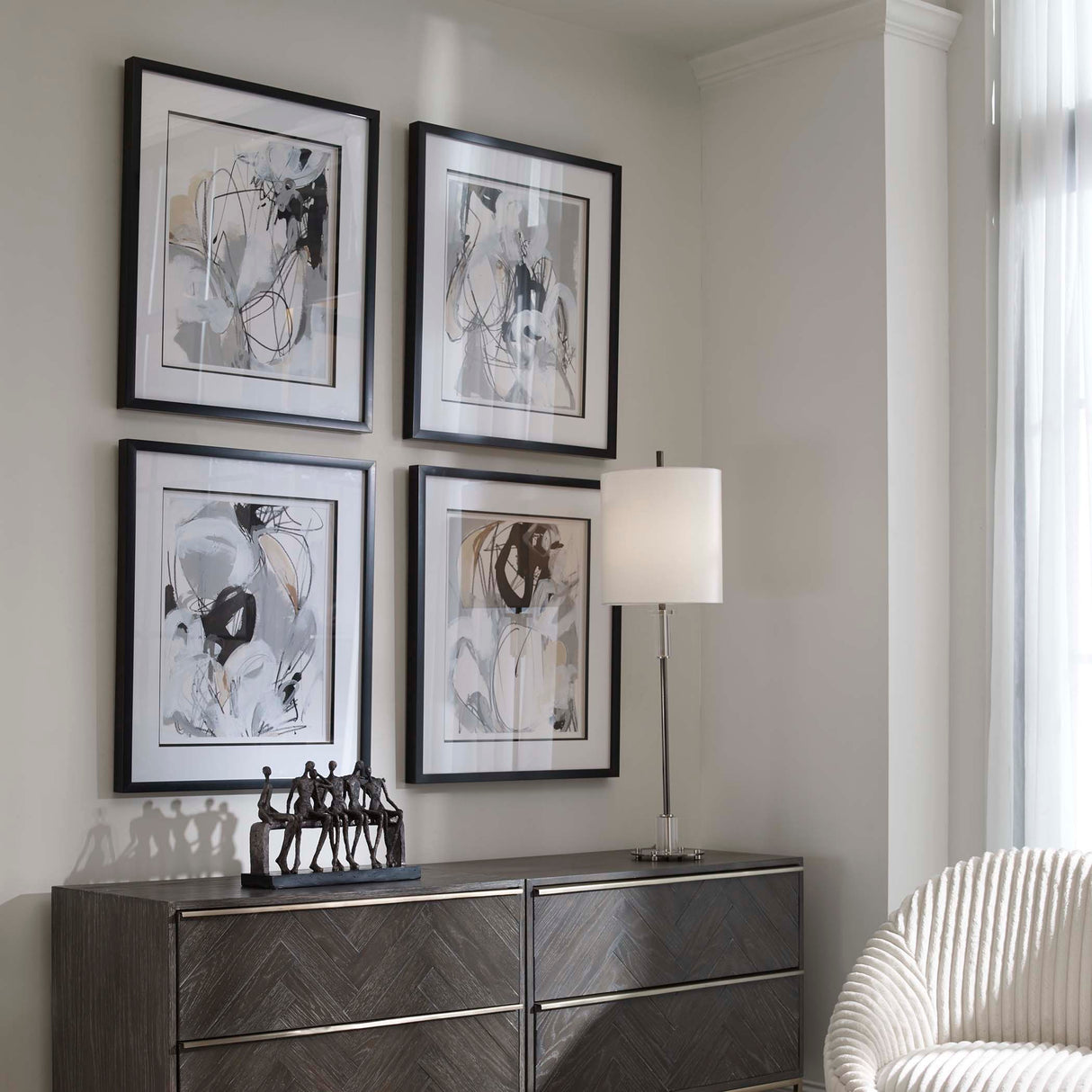 Tangled Threads - Abstract Framed Prints, Set Of 4 - Pearl Silver