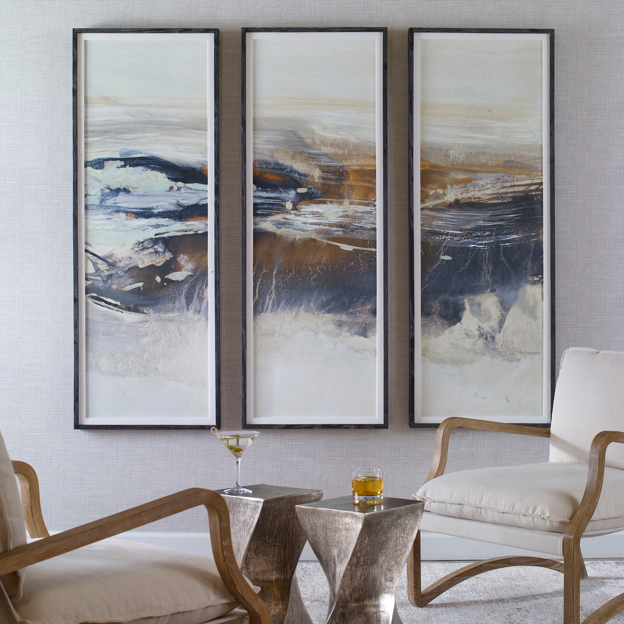 Graphite - Horizon Framed Prints, Set Of 3 - Pearl Silver