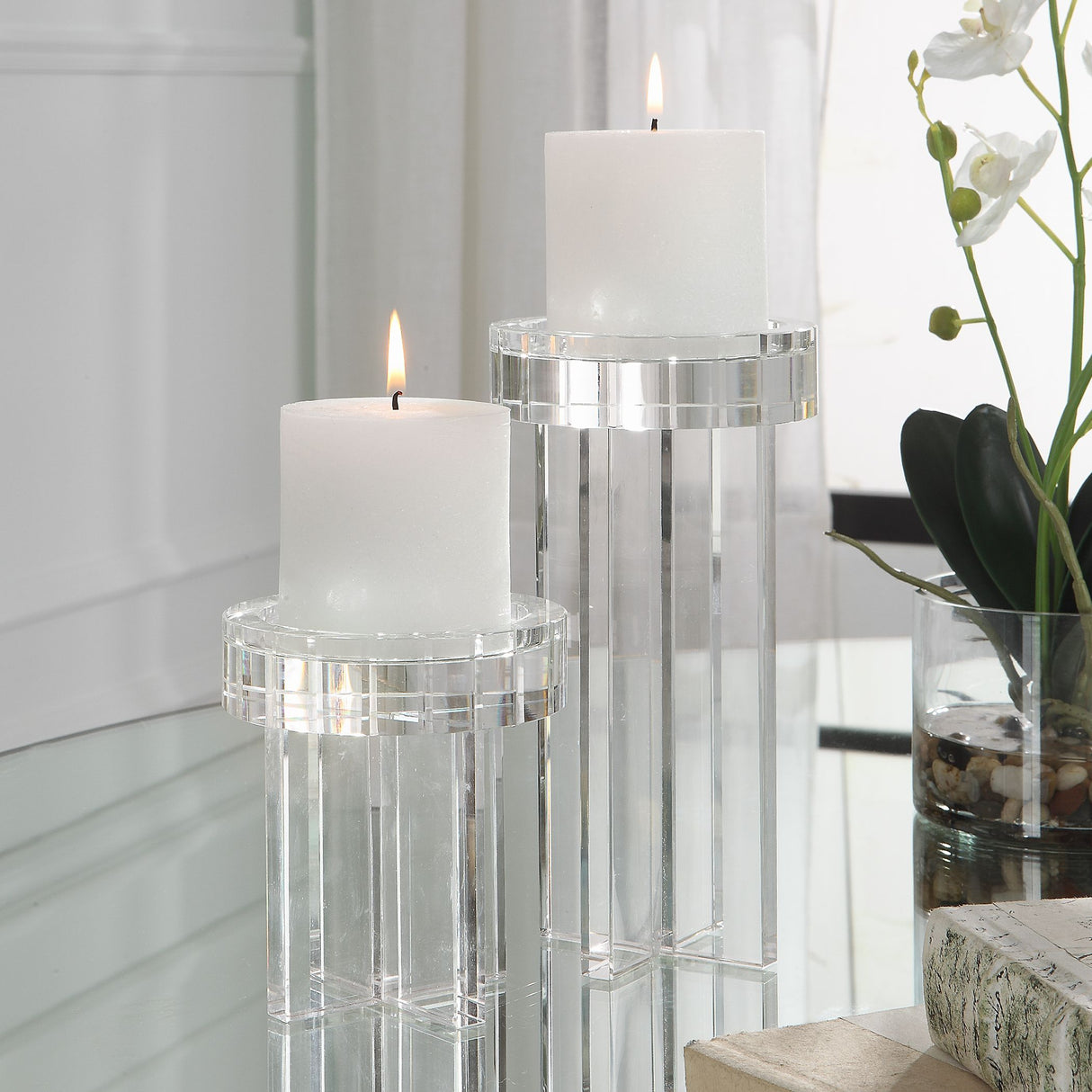 Crystal - Pillar Candleholders, Set Of 2 - Silver