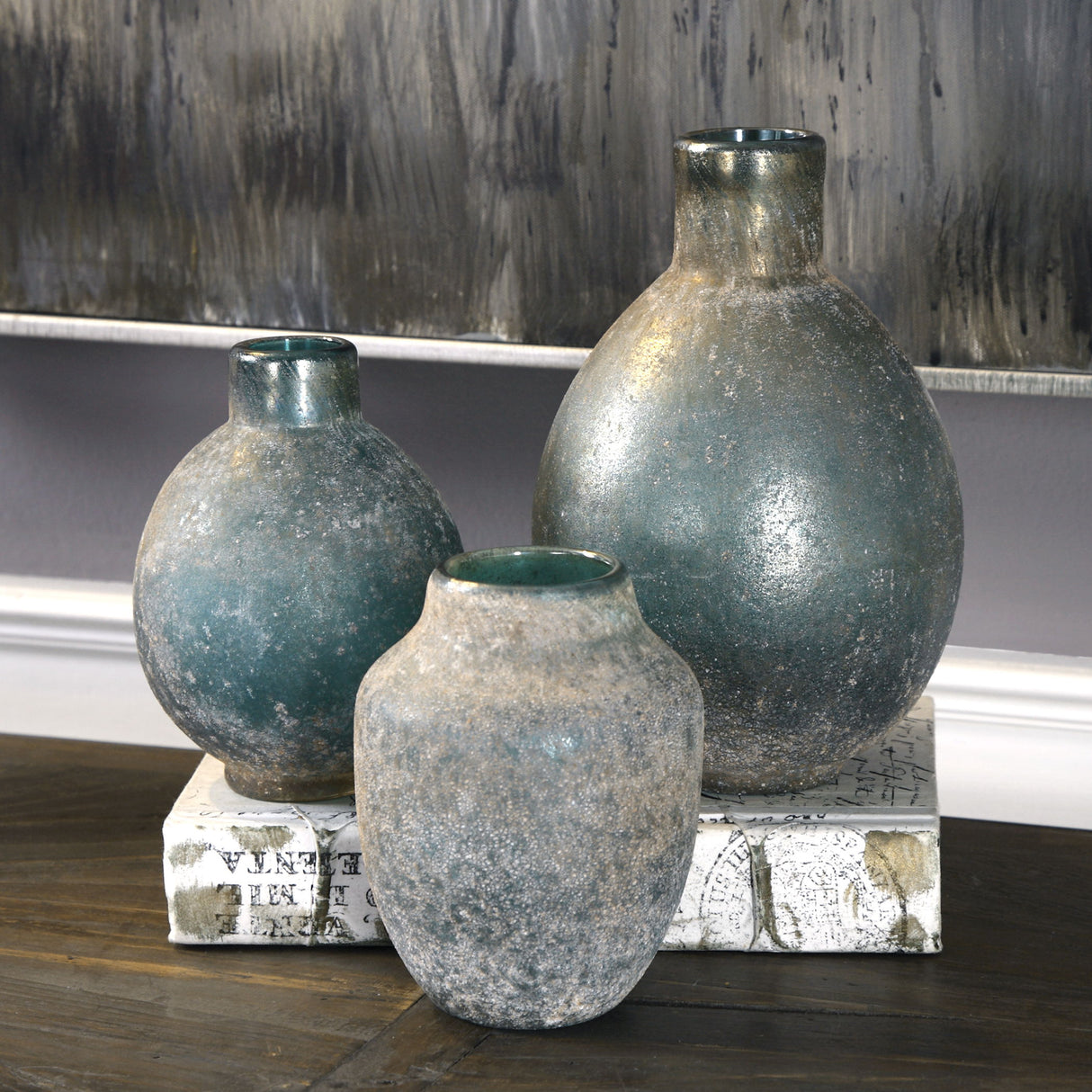 Mercede - Weathered Vases, Set Of 3 - Blue-green