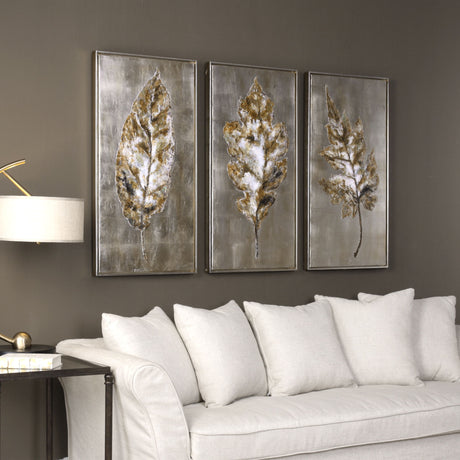 Champagne Leaves - Modern Art, Set Of 3 - Pearl Silver