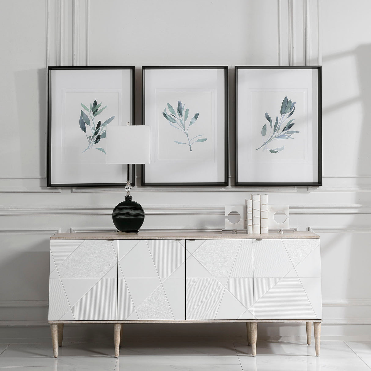 Simple Sage - Watercolor Prints, Set Of 3 - White